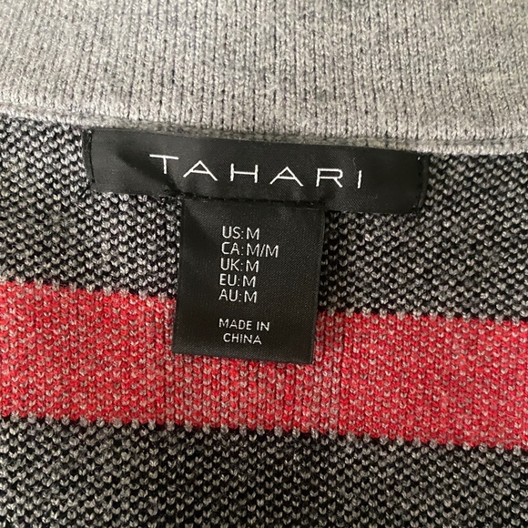 TAHARI Open Front Long Cardigan Size M Grey Black Red - Picture 6 of 7